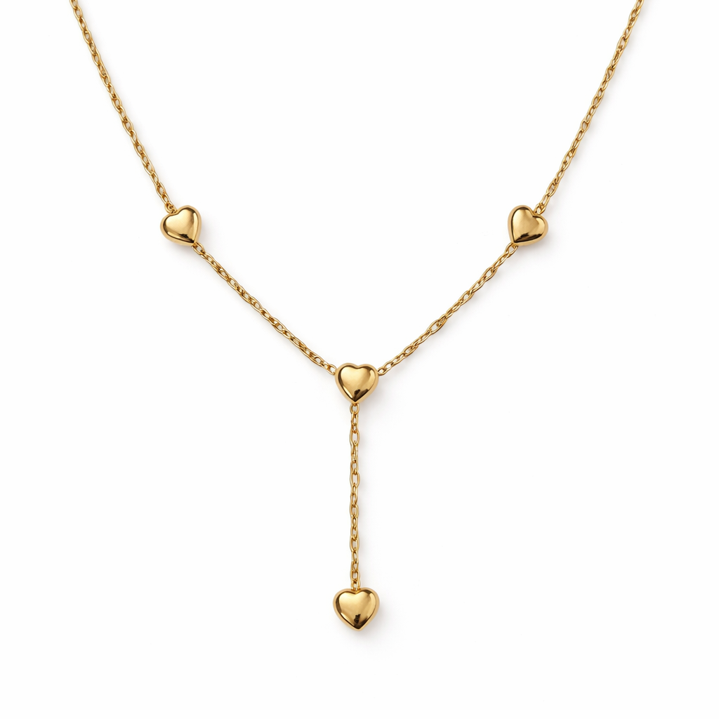 Yellow Gold Y shape design Necklace with three heart, 14k