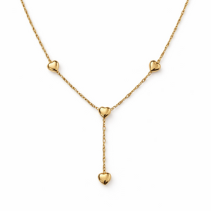 Yellow Gold Y shape design Necklace with three heart, 14k