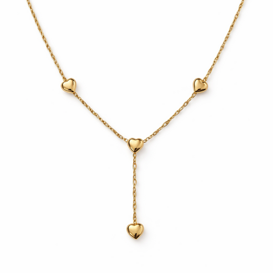 Yellow Gold Y shape design Necklace with three heart, 14k