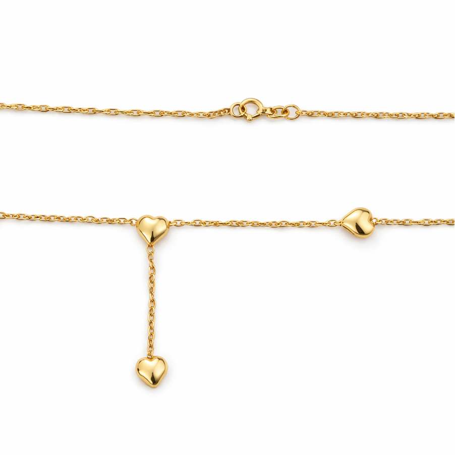 Yellow Gold Y shape design Necklace with three heart, 14k