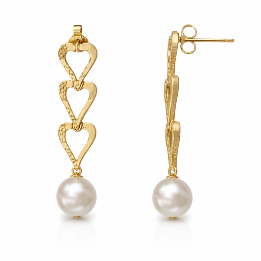 Yellow Gold Heart Dangling Earrings with Pearl Accent 14k