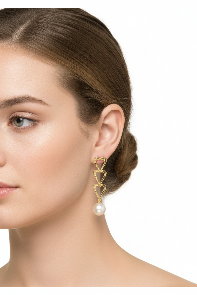 14K Yellow Gold Heart Dangling Earrings with Pearl Accent