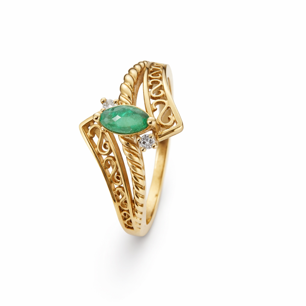 10k Yellow Gold Marquise Emerald Diamond Chevron Filigree Ring