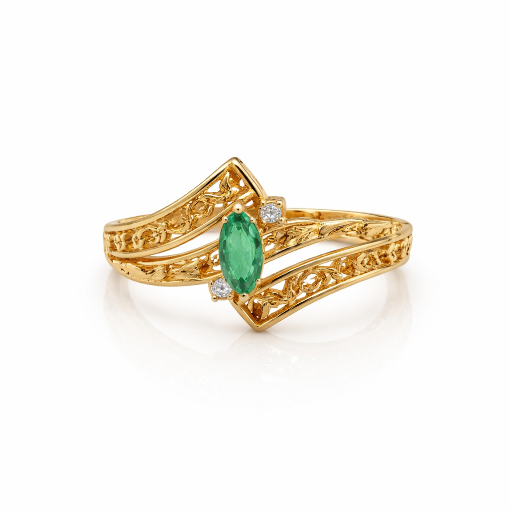 10k Yellow Gold Marquise Emerald Diamond Chevron Filigree Ring
