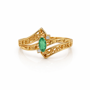 10k Yellow Gold Marquise Emerald Diamond Chevron Filigree Ring