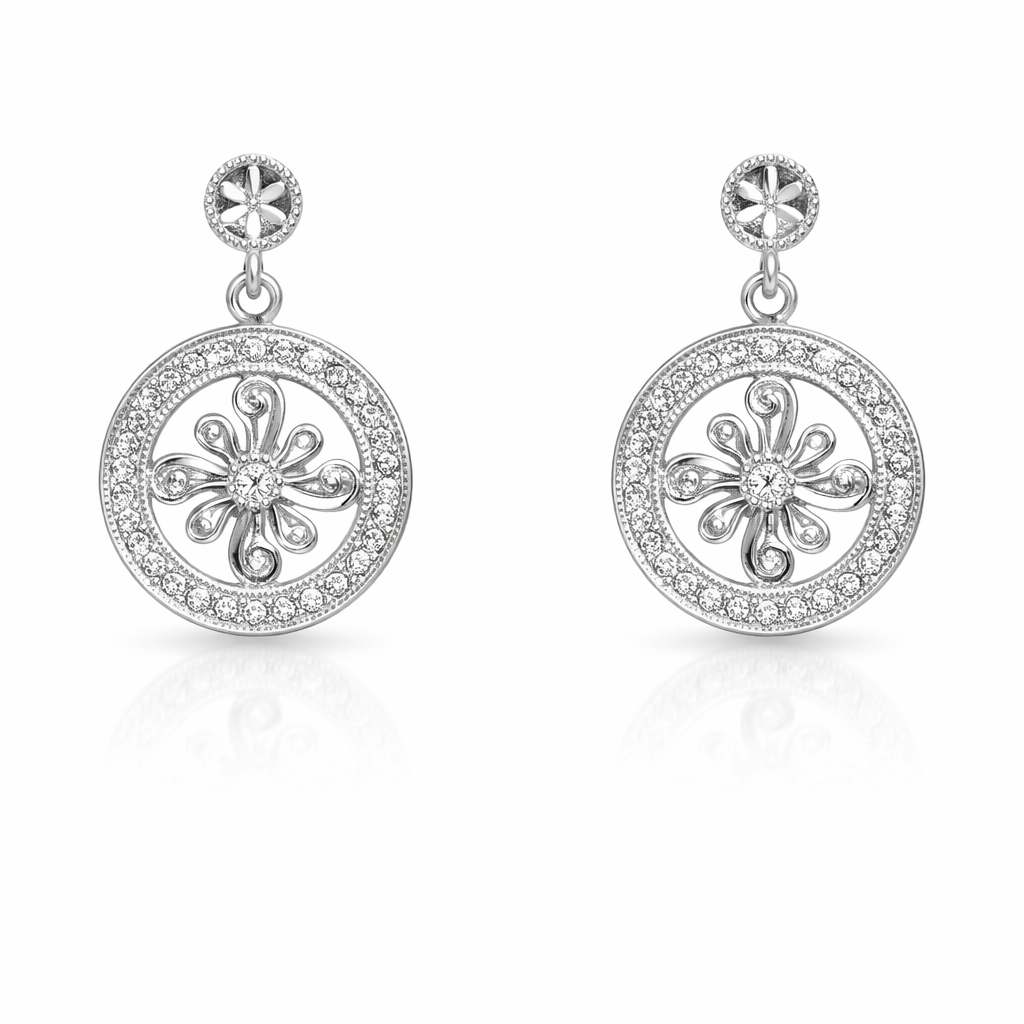 18K White Gold Floral Design Diamond Earrings 4.1gr TDW:0.27ct SI I