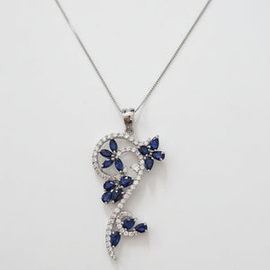 18k White Gold Elegant Pendant set with Diamond and Sapphire, TDW: 0.6ct, F-G