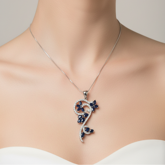 18k White Gold Elegant Pendant set with Diamond and Sapphire, TDW: 0.6ct, F-G