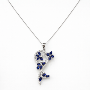 18k White Gold Elegant Pendant set with Diamond and Sapphire, TDW: 0.6ct, F-G