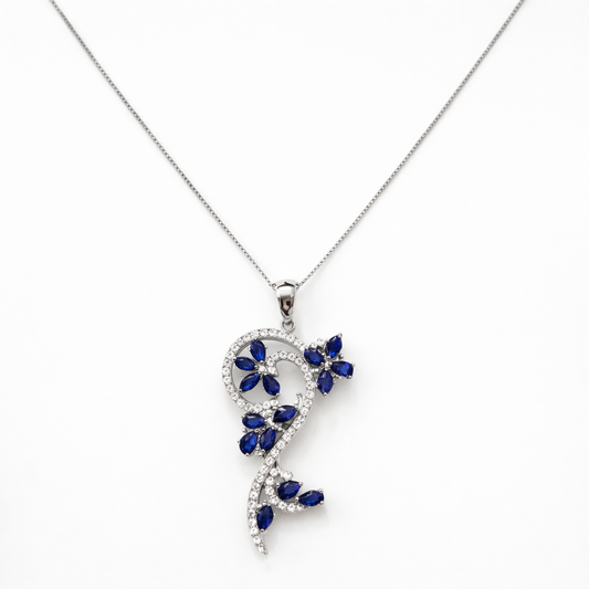 18k White Gold Elegant Pendant set with Diamond and Sapphire, TDW: 0.6ct, F-G