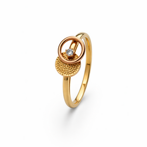 14k Yellow Gold Diamond Two Textures Circles Ring