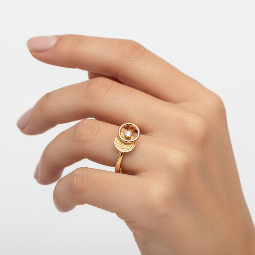 14k Yellow Gold Diamond Two Textures Circles Ring