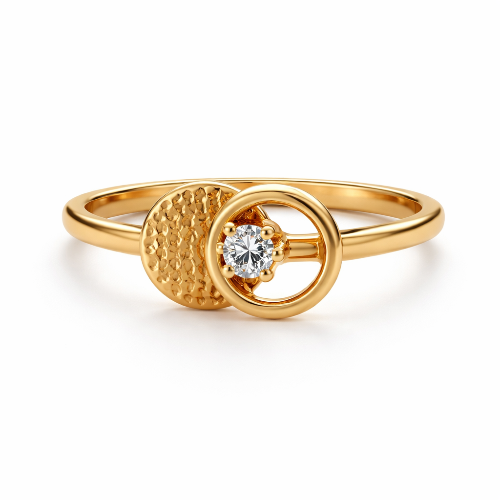 14k Yellow Gold Diamond Two Textures Circles Ring