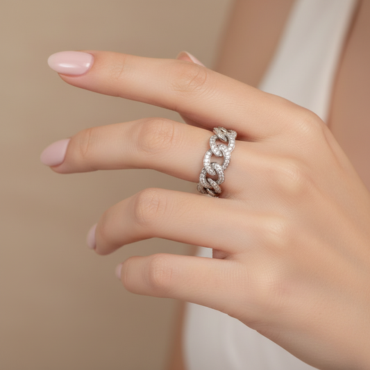 18k White Gold Cuban Link Ring, TDW: 0.6ct