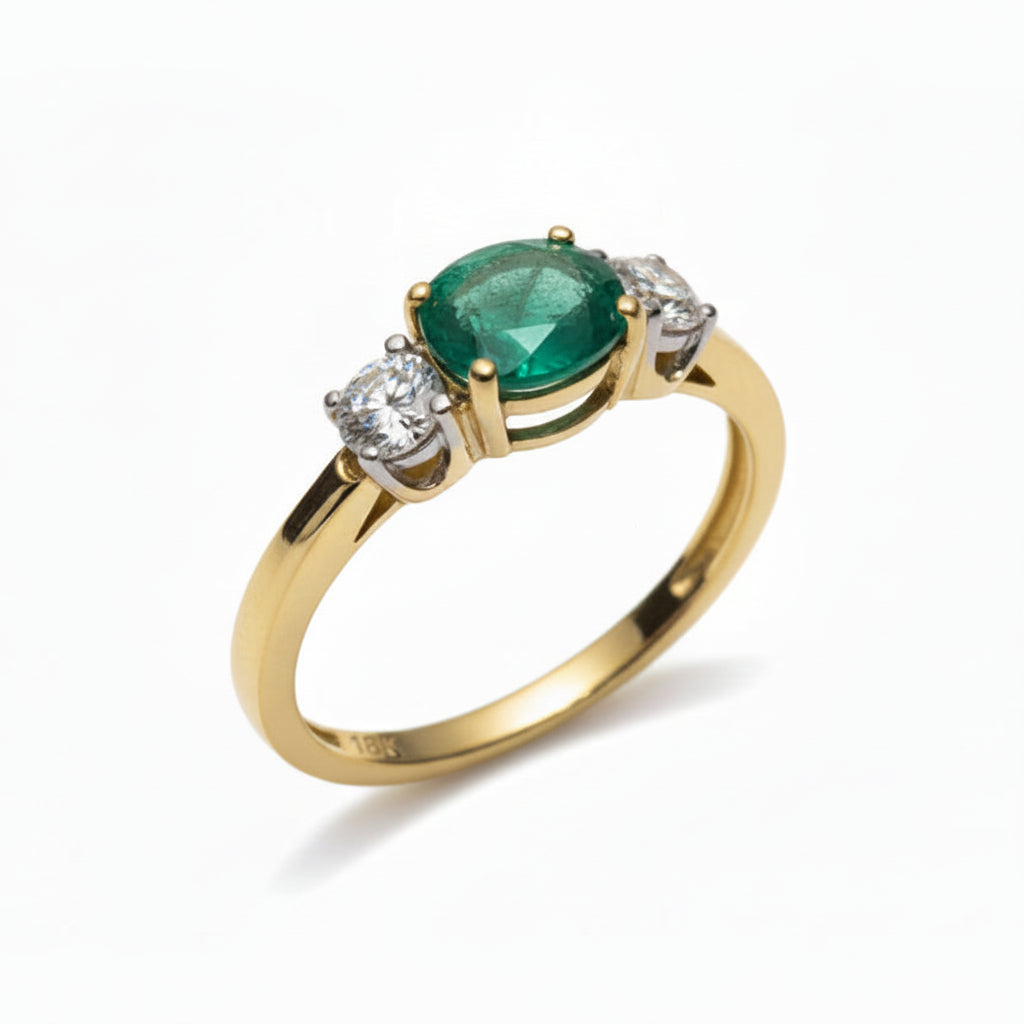18k Yellow Gold Oval Shape Emerald and Forevermark Diamond Ring.
