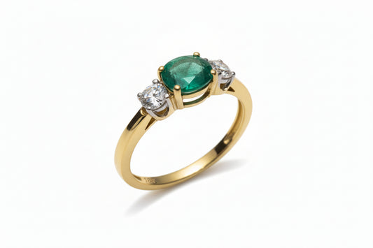 18k Yellow Gold Oval Shape Emerald and Forevermark Diamond Ring.