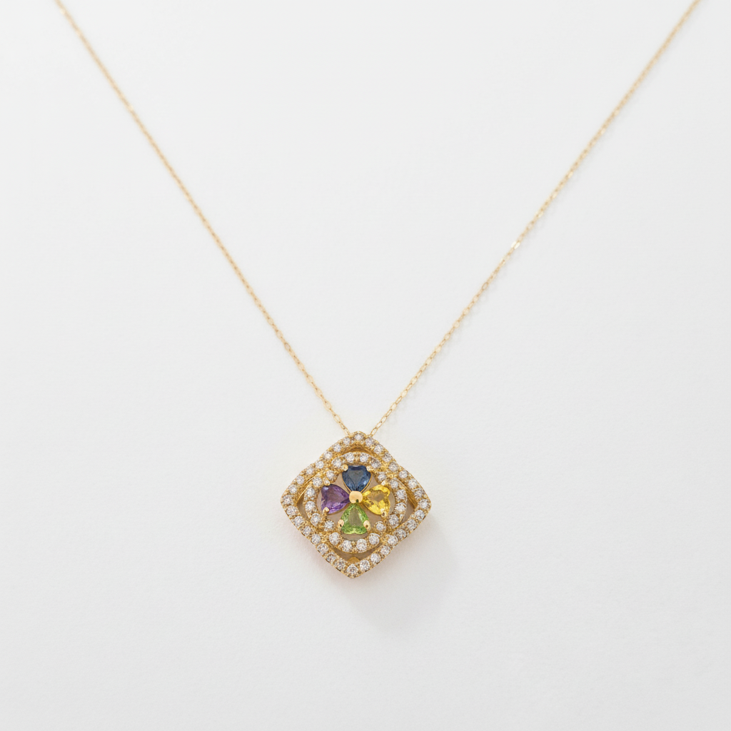 18k Yellow Gold Square design Necklace with Multicolor Gems, TDW: 0.35