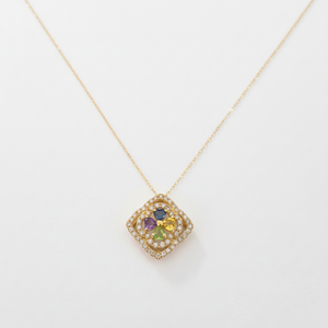 18k Yellow Gold Square design Necklace with Multicolor Gems, TDW: 0.35