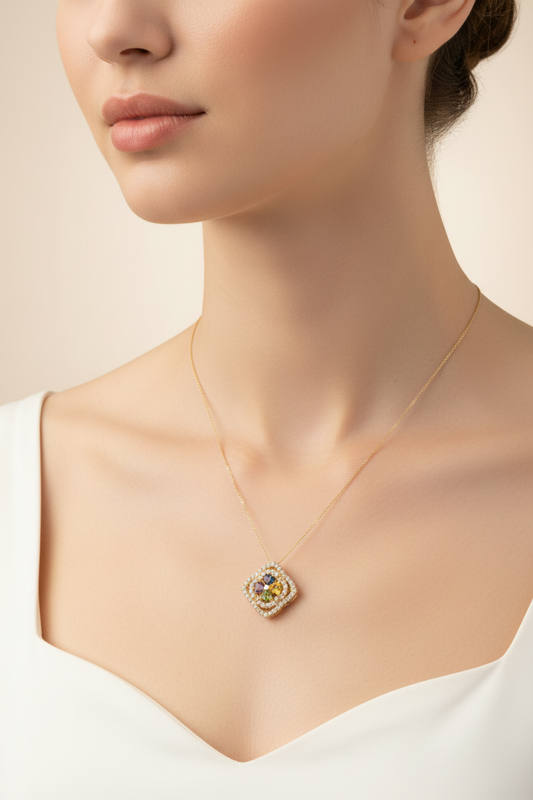18k Yellow Gold Square design Necklace with Multicolor Gems, TDW: 0.35