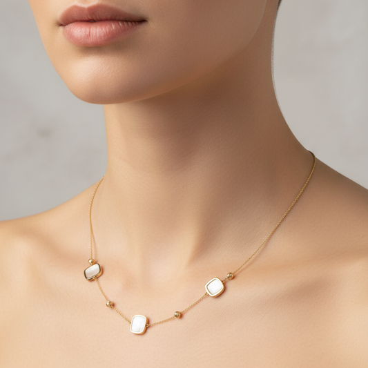 14k Yellow Gold Station Necklace with Mother of Pearl