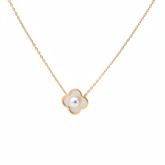 18K Yellow Gold Clover Necklace with Mother of Pearl, 3.18gr