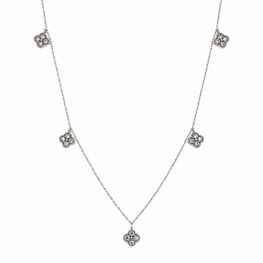 18K White Gold Floral Clover Charm Necklace, TDW: 0.3ct VS GH