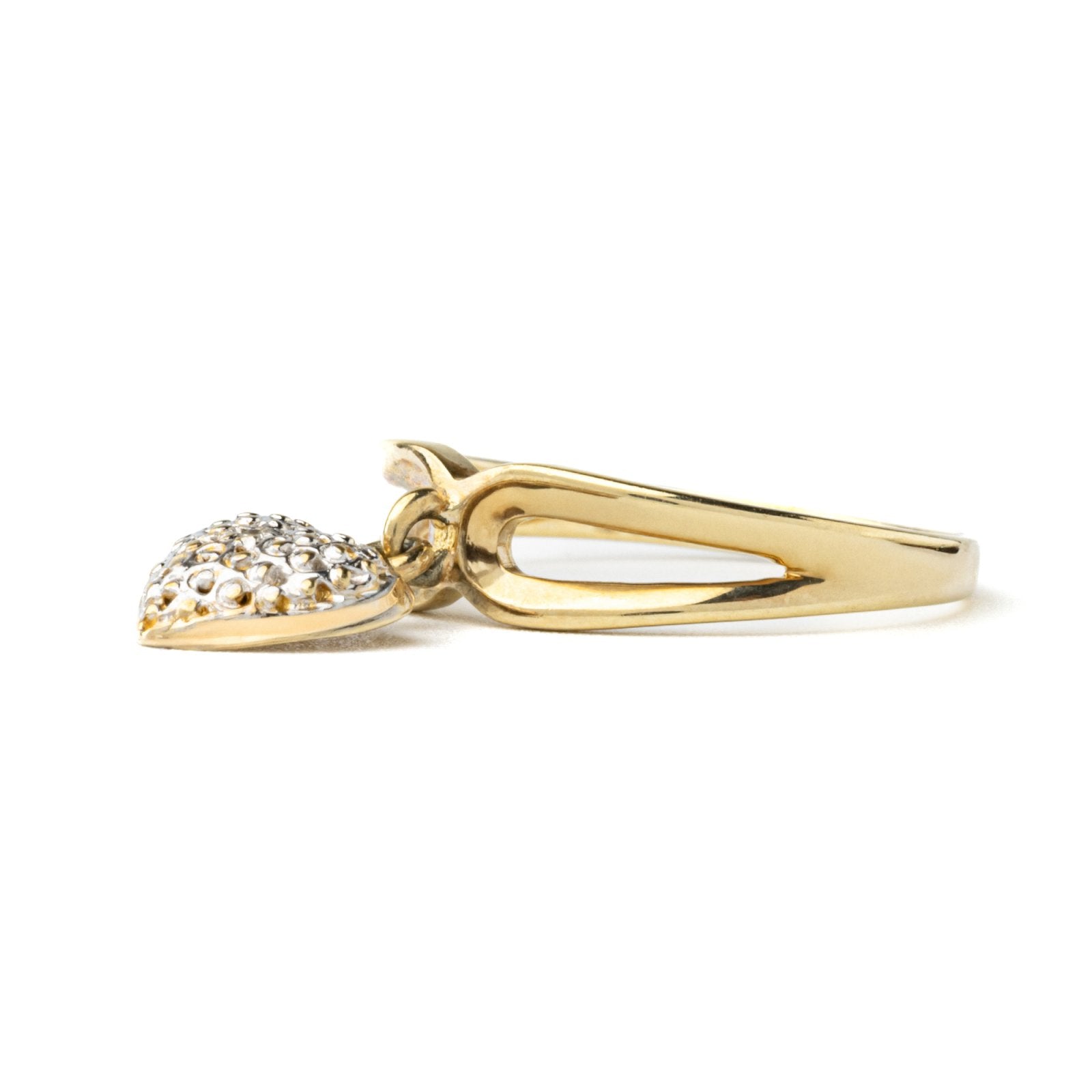 Two Tones Gold Ring with Dangle Heart  setting with one Diamond in center10k