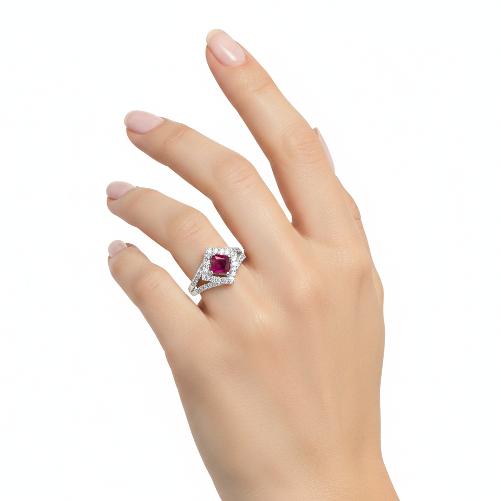 10K White Gold Ruby & Diamond Halo Ring