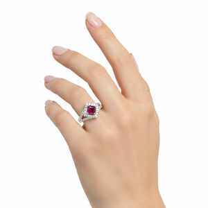 10K White Gold Ruby & Diamond Halo Ring