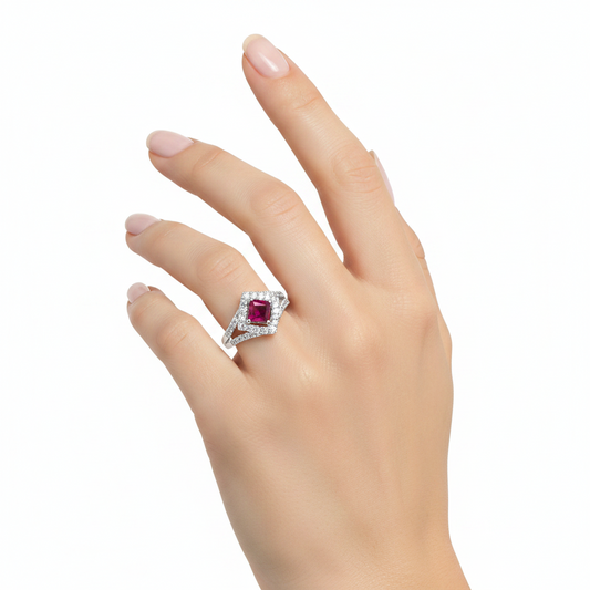10K White Gold Ruby & Diamond Halo Ring