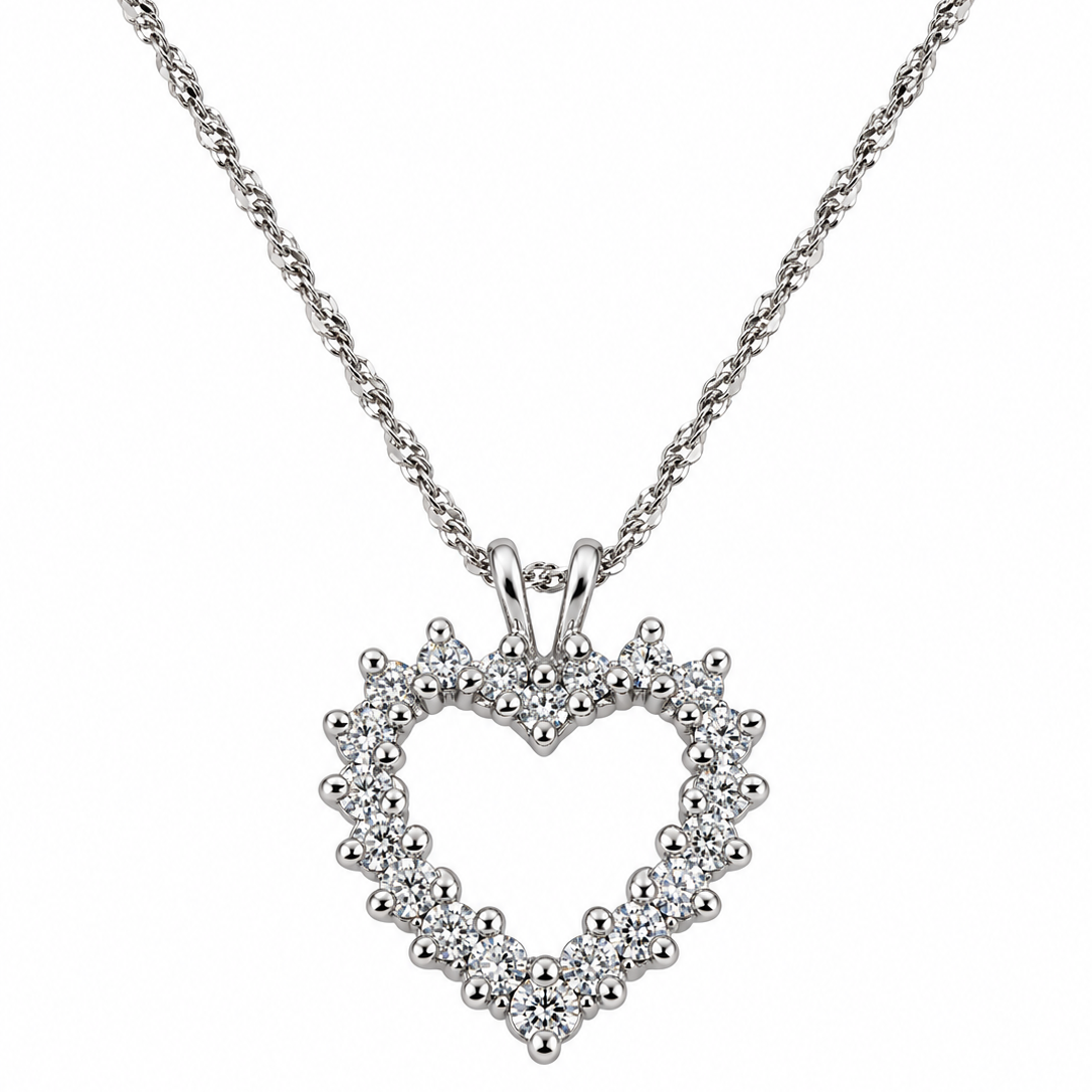 10K White Gold Diamond Open Heart Pendant Necklace