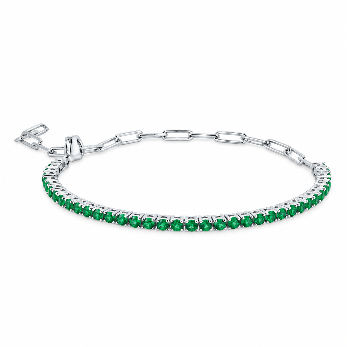 925 Sterling Silver Green CZ Paperclip Tennis Bracelet