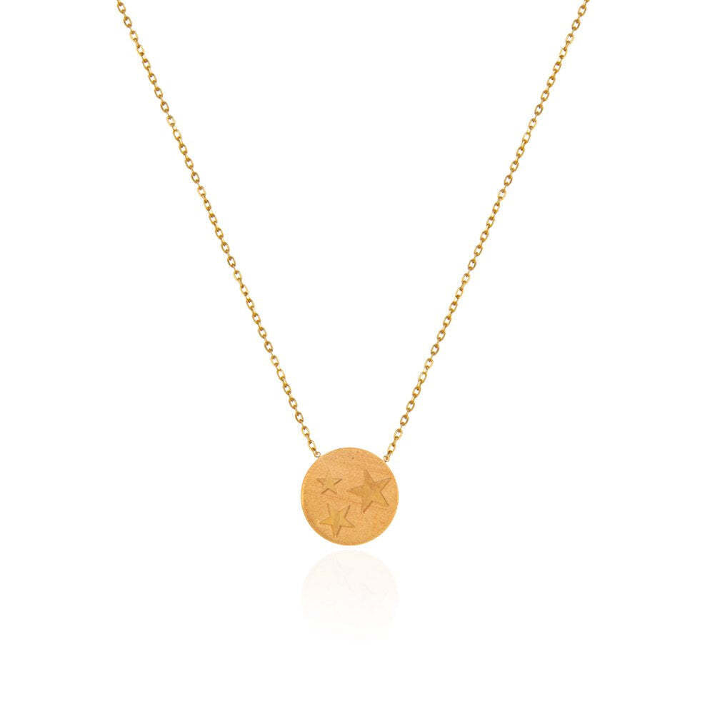 Yellow Gold Necklace with gold circle engraved with three stars  16 to 18 inches adjustable 18k 4.19gr