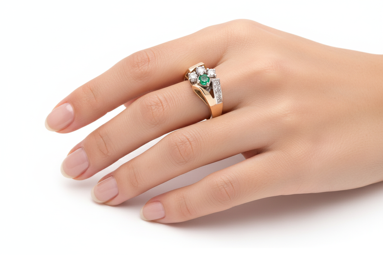 Yellow Gold Cocktail Emerald and Diamond Ring.  E: Round Shape 0.15ct D: 7, 14k,  Round Diamonds TDW: 0.17ct SI GH