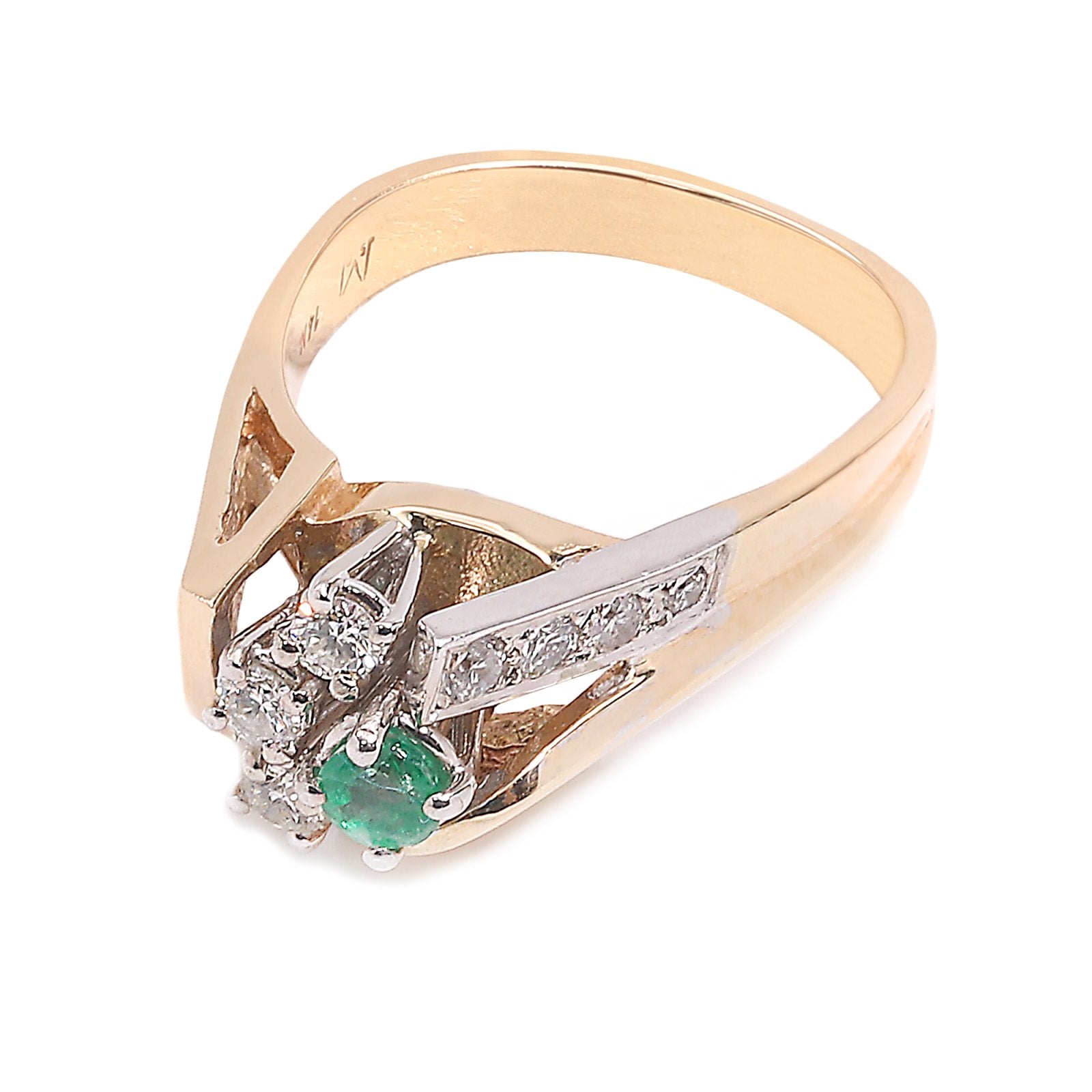 Yellow Gold Cocktail Emerald and Diamond Ring.  E: Round Shape 0.15ct D: 7, 14k,  Round Diamonds TDW: 0.17ct SI GH