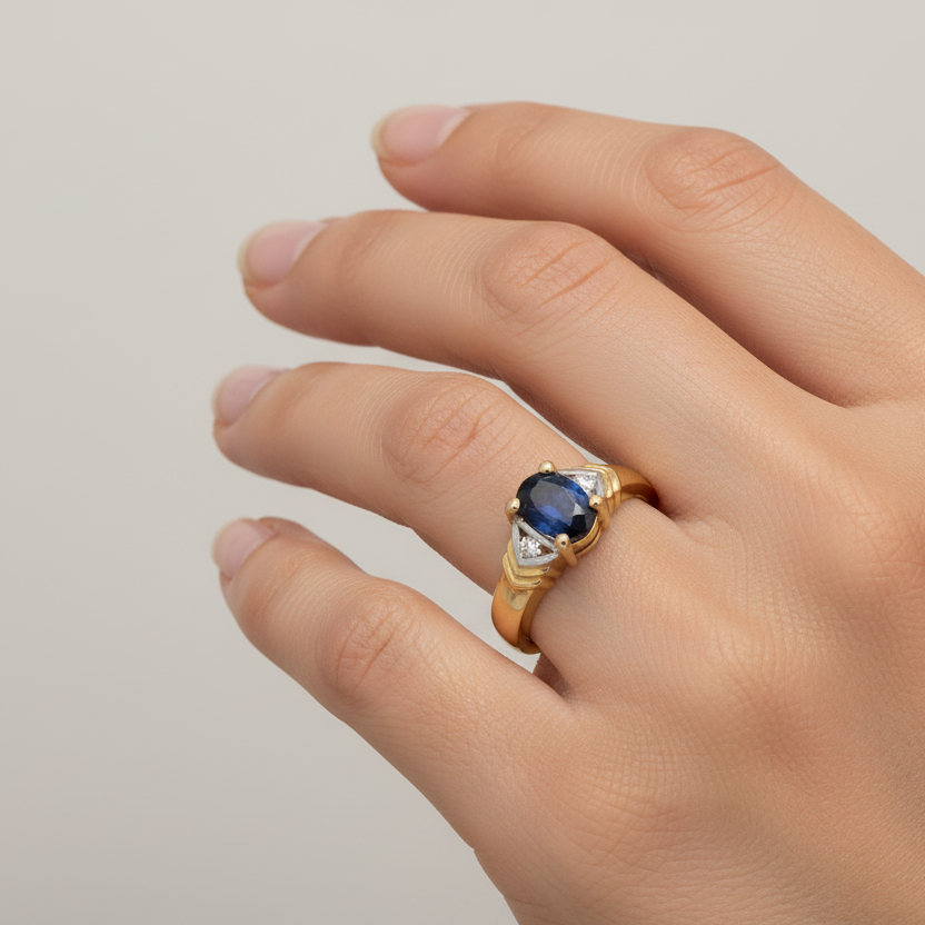 Yellow Gold Ring with Oval Sapphire and Diamonds 10k