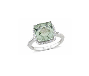 White Gold Green Quarts and Diamond Ring. 14k, Q:5.78ct, TDW: 0.2ct