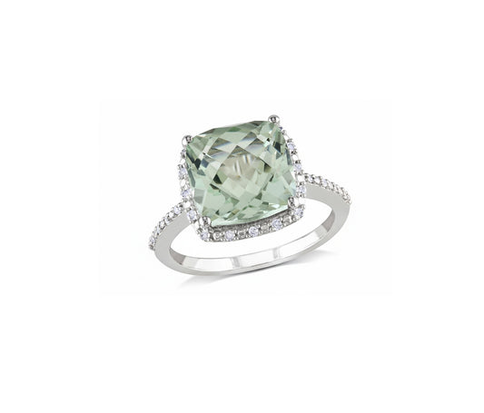 White Gold Green Quarts and Diamond Ring. 14k, Q:5.78ct, TDW: 0.2ct