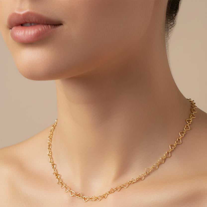 14K Yellow Gold Heart Link Chain Necklace 17"