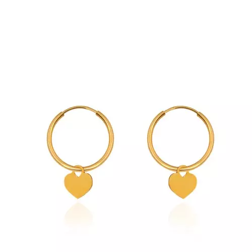 Yellow Gold Hoop Sleepers Earrings with a Dangling Heart. 18k 1.5gr