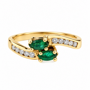 14K Yellow Gold Two-Stone Emerald & Diamond Bypass Ring