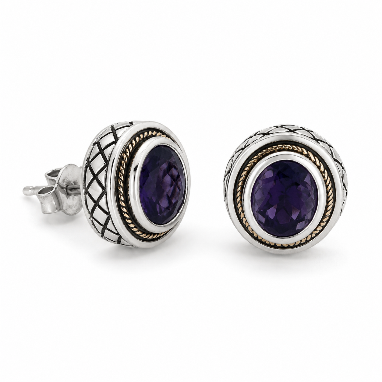 925 Sterling Silver & 18K Gold Round Amethyst Stud Earrings