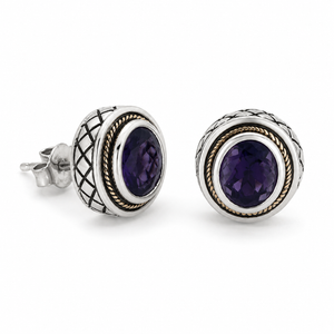925 Sterling Silver & 18K Gold Round Amethyst Stud Earrings