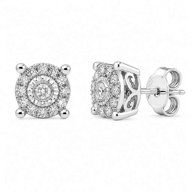 14K White Gold Bezel Halo Diamond Stud Earrings 0.19ct