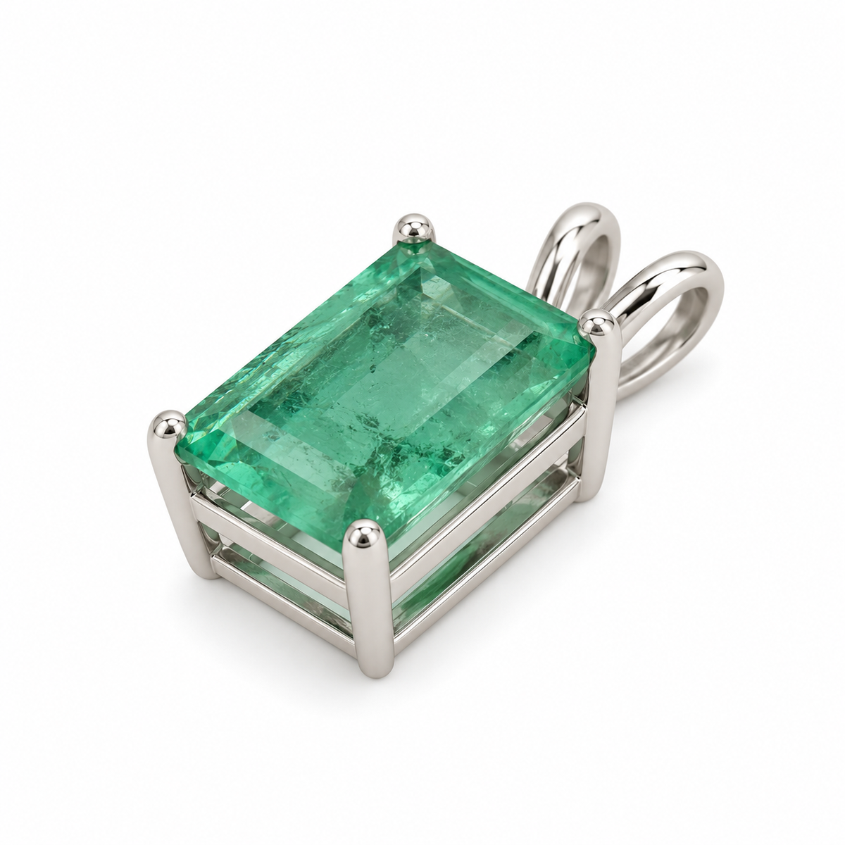 14K White Gold Emerald-Cut Emerald Four-Prong Solitaire Pendant