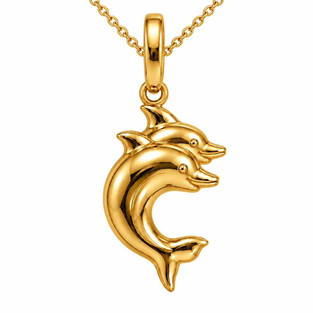 18K Yellow Gold Double Dolphin Pendant Necklace