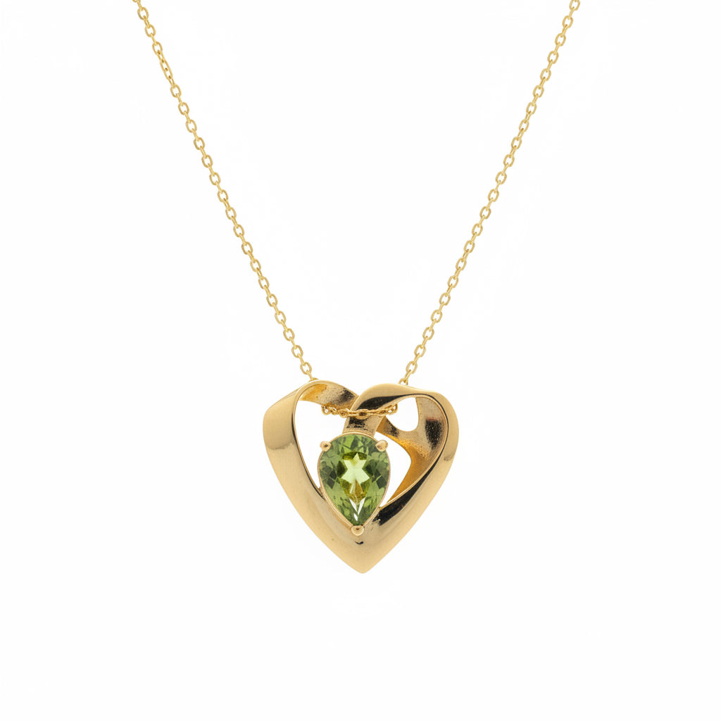 18K Yellow Gold Open Heart Peridot Pendant Necklace