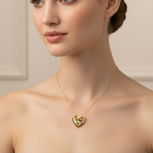 18K Yellow Gold Open Heart Peridot Pendant Necklace