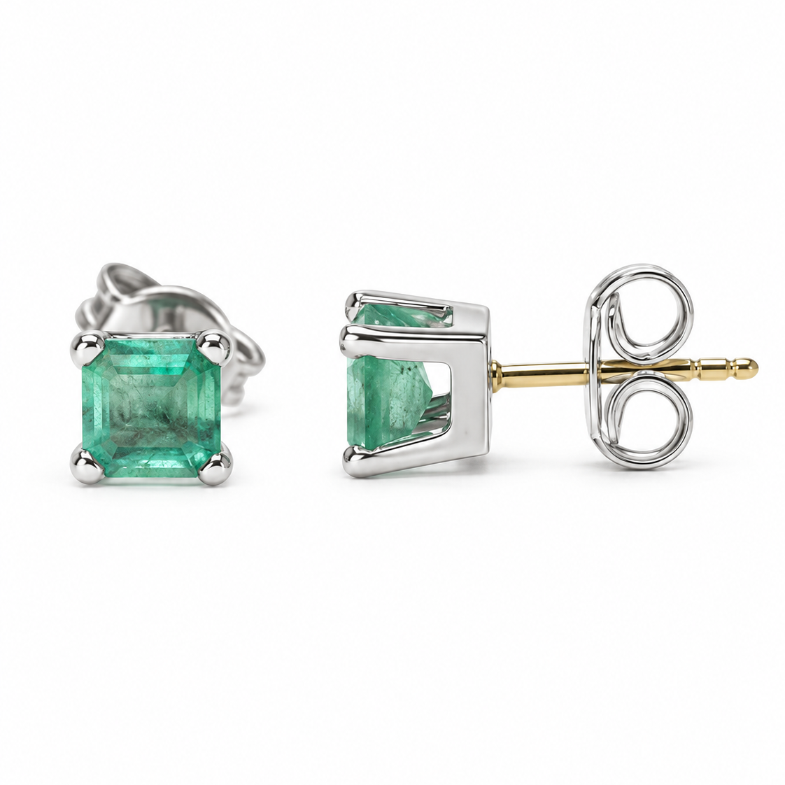 18K White Gold Natural Colombian Emerald Stud Earrings