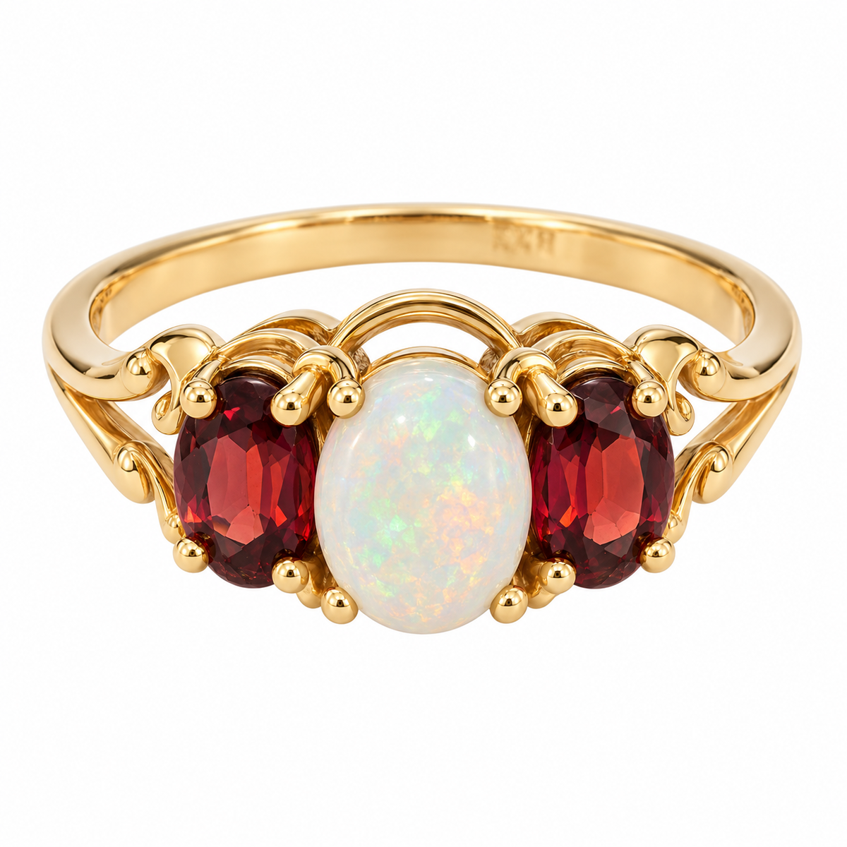 14K Yellow Gold Vintage Opal & Garnet Three-Stone Ring